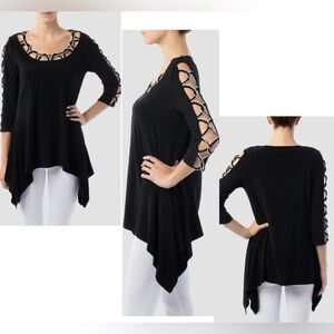 Joseph Ribkoff black 3/4 crossover woven sleeve tunic handkerchief blouse top 6